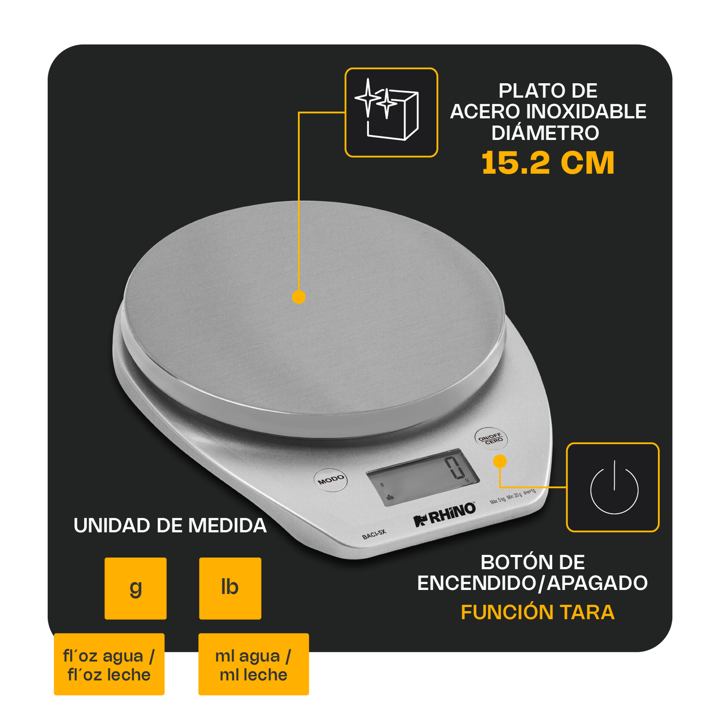 Báscula de cocina digital 5 kg con Bluetooth / BACI-5X